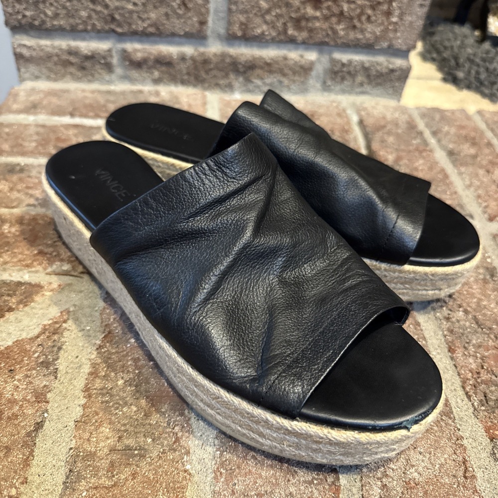 Vince Solana Womens Size 9 Black Leather Espadrille Platform Slide Sandals #778